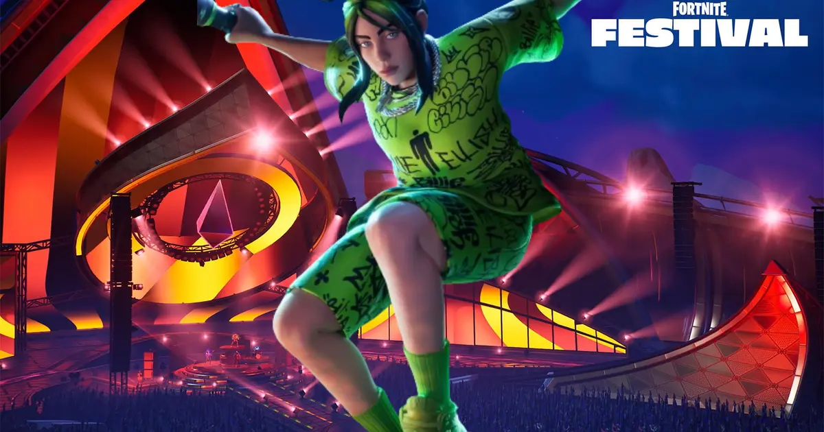 Billie Eilish fortnite skin with the Fortnite Festival stage as background