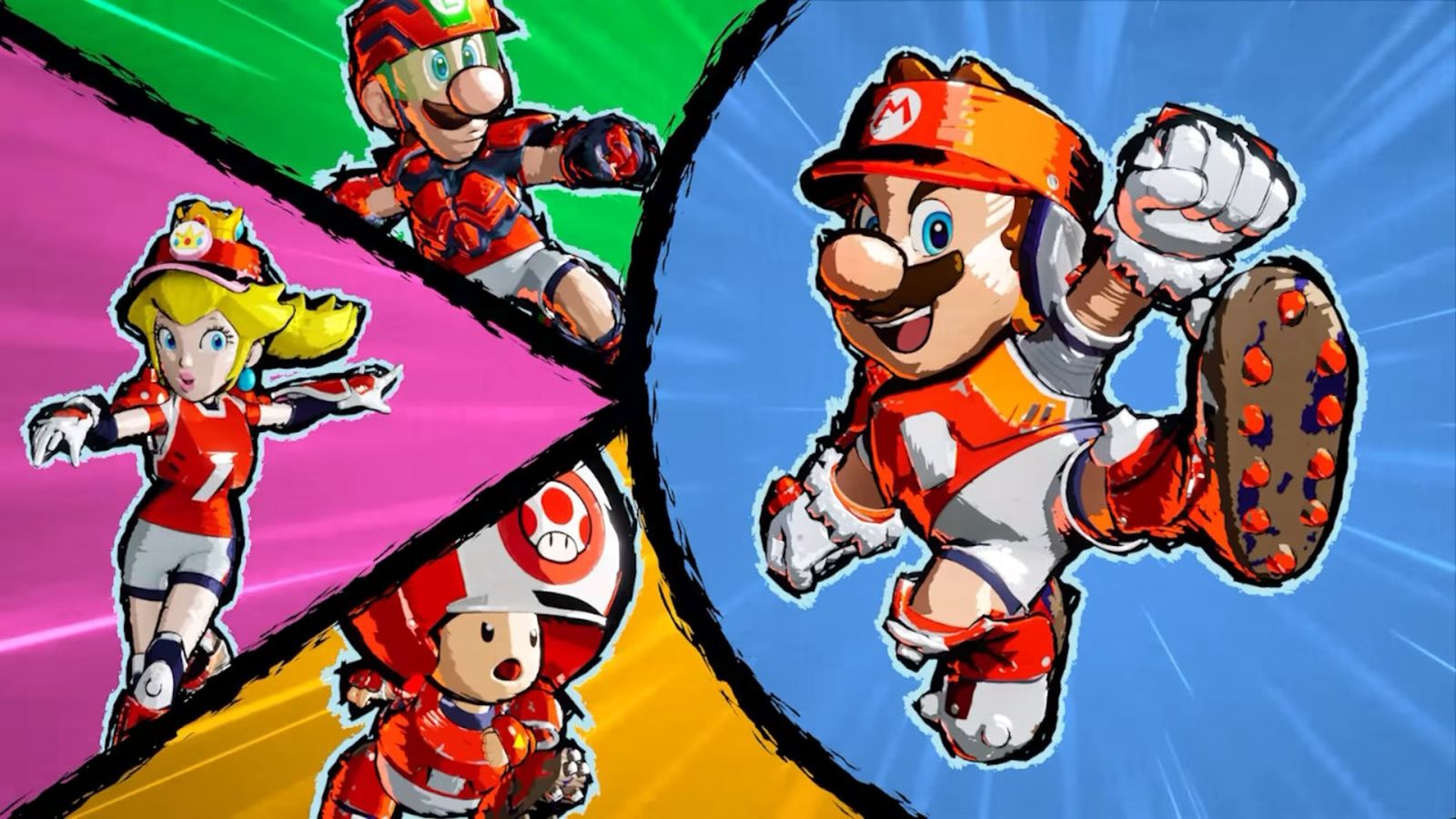 Image of Mario, Peach, Toad, and Luigi in Mario Strikers: Battle League.