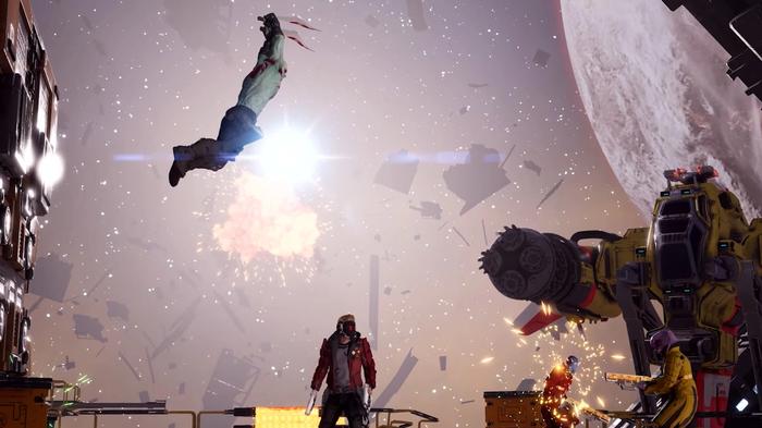 Guardians of the Galaxy Drax mid-air wielding his dual-knives to attack an enemy
