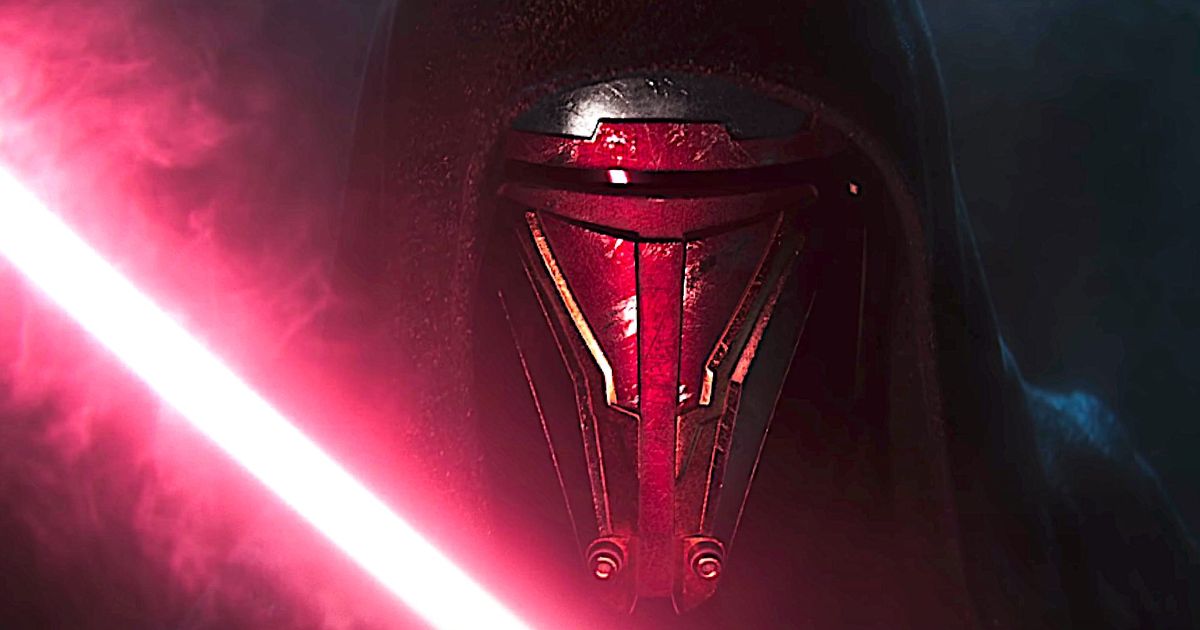 The protagonist of Star Wars: KOTOR remake holding a red lightsaber 