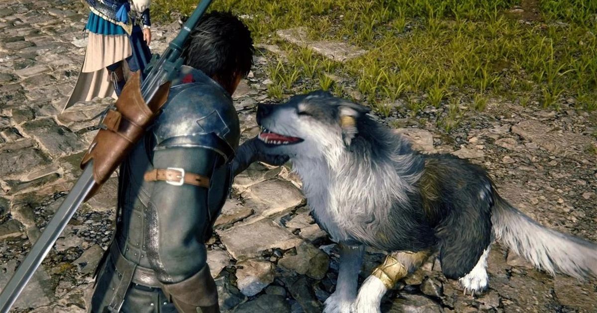 Clive petting a dog in Final Fantasy 16.