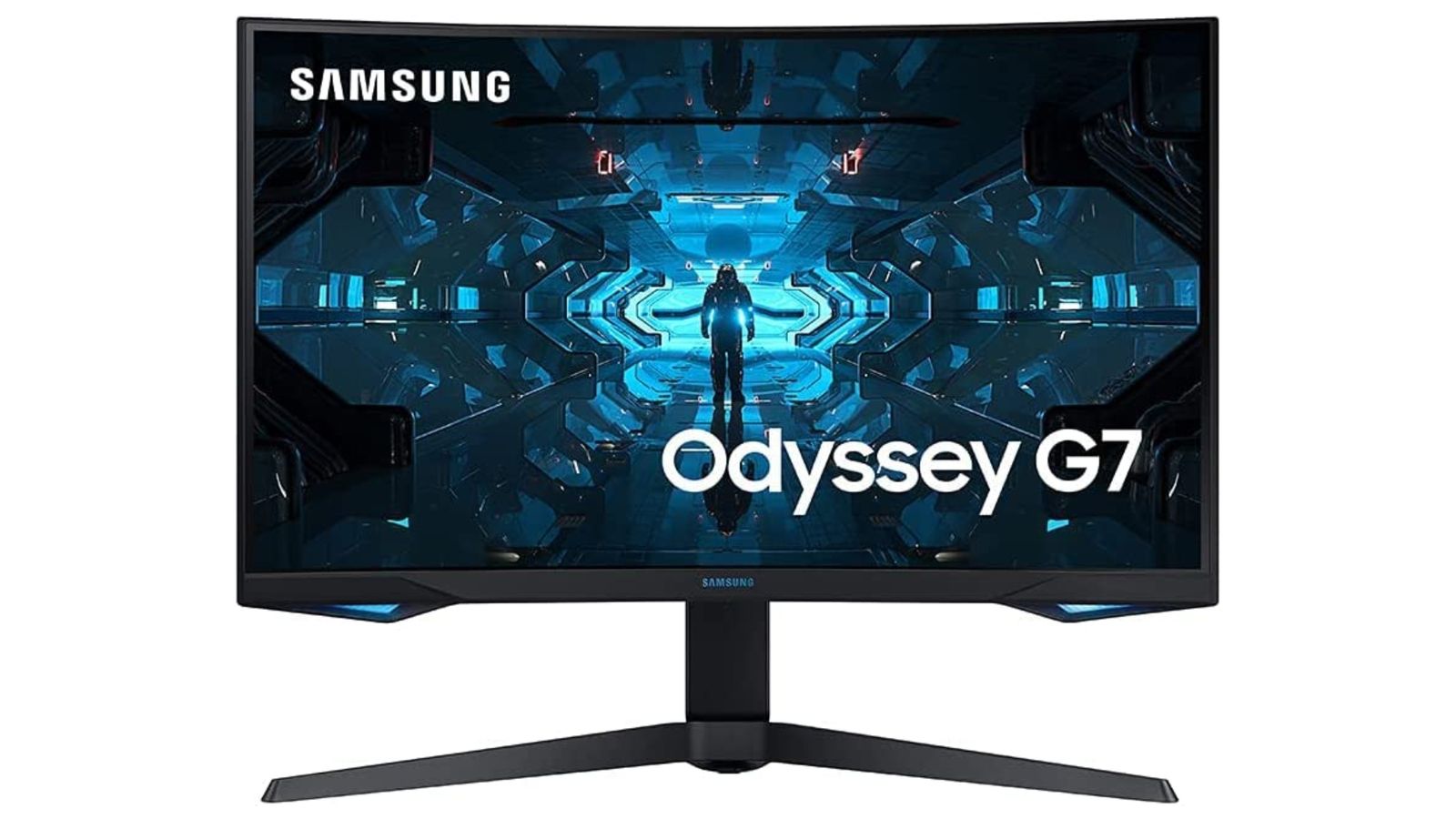 Samsung Odyssey G7 product image of a black monitor featuring a sci-fi walkway bathed in blue lighting on the display.