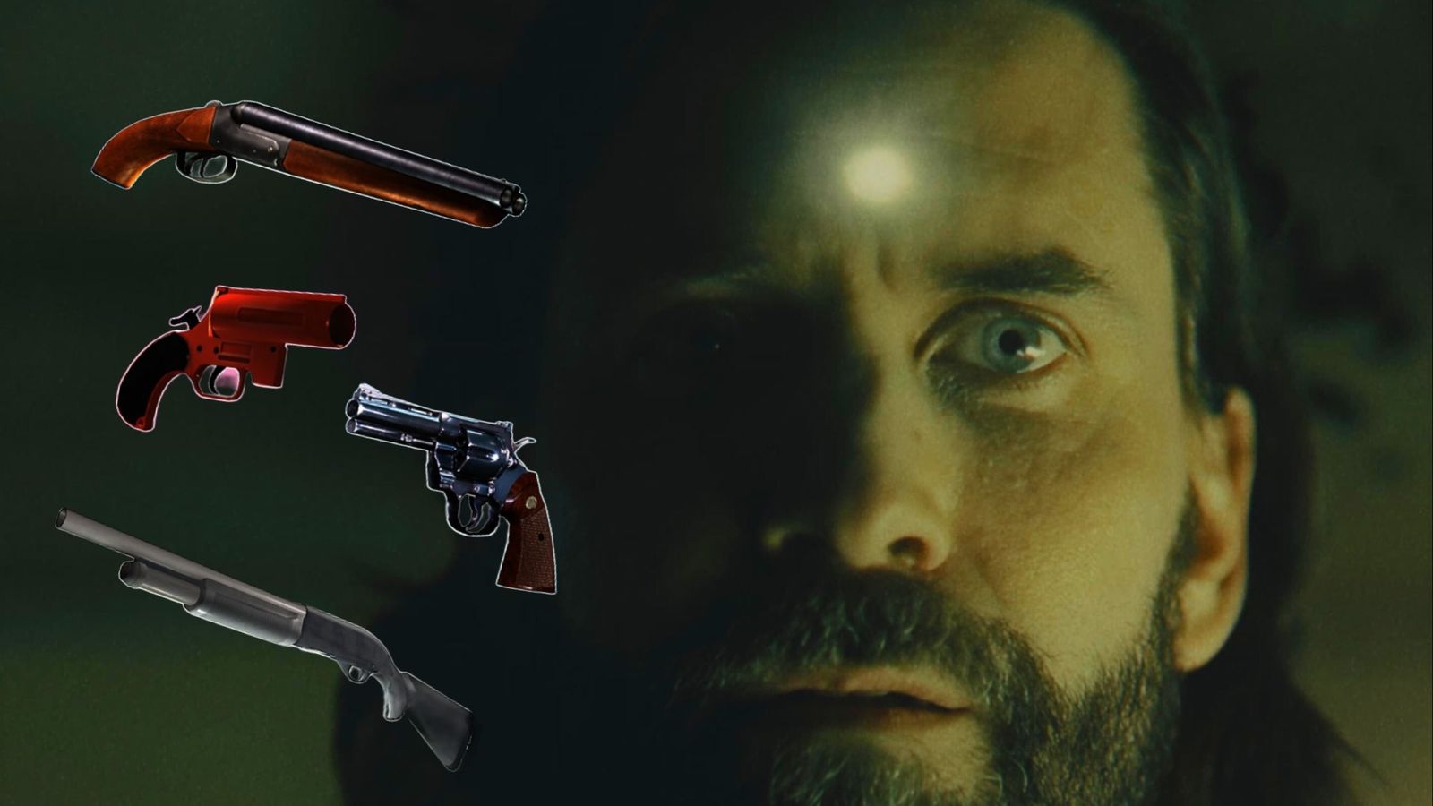 Alan Wake looking at the viewer with a flare gun, revolver, sawed-off shotgun and pump action shotgun floating nearby