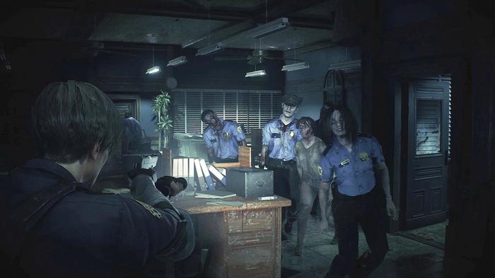 Image of Leon shooting zombies in Resident Evil 2.