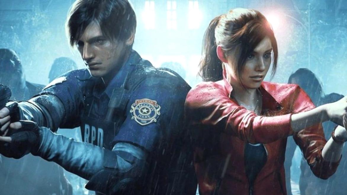 Leon Kennedy and Claire Redfield aiming pistols at a wave of zombies 
