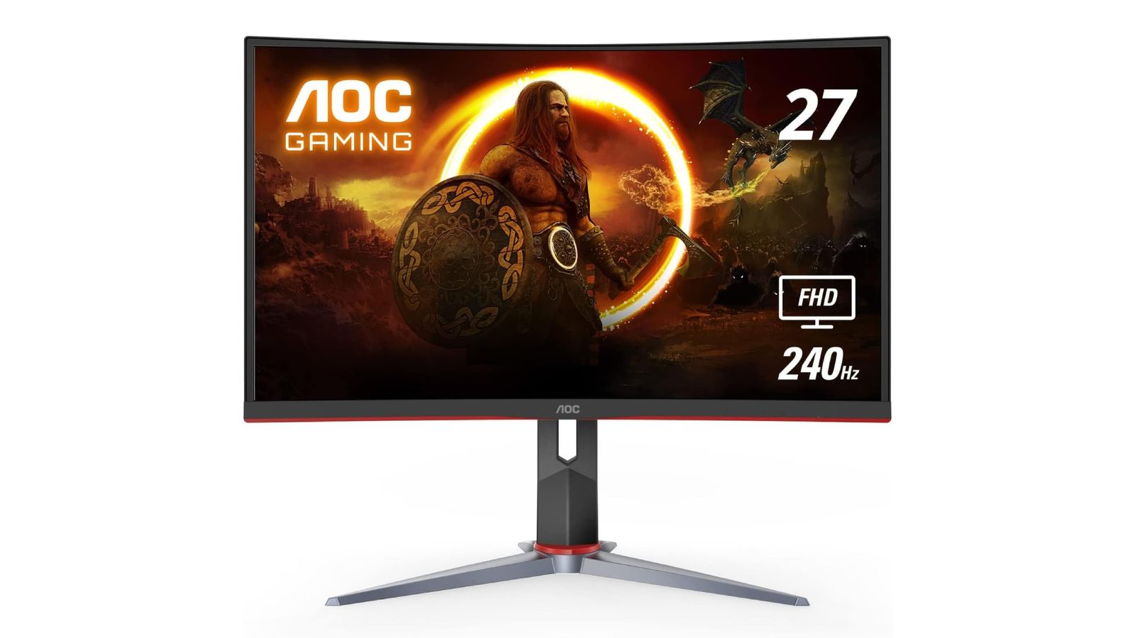 AOC C27G2Z product image of a dark grey monitor with red trim featuring a long-haired warrior on the display.