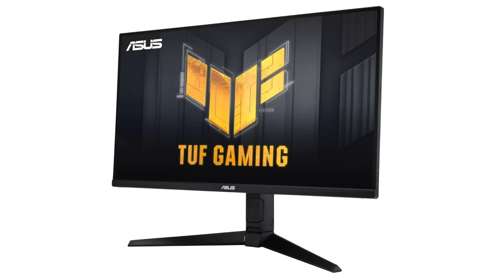 ASUS TUF Gaming VG28UQL1A product image of a black monitor featuring yellow TUF Gaming branding on the display.