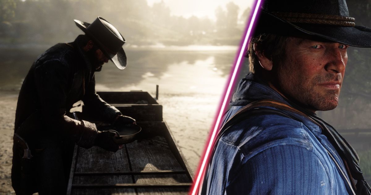 Red Dead Redemption 2's Arthur Morgan panning for gold.