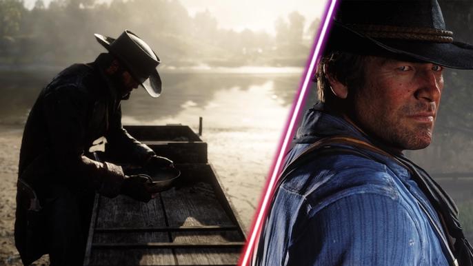Red Dead Redemption 2's Arthur Morgan panning for gold.