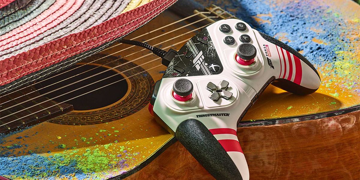 The Thrustmaster ESWAP XR Pro Controller Forza Horizon 5 edition against a guitar and sombrero.