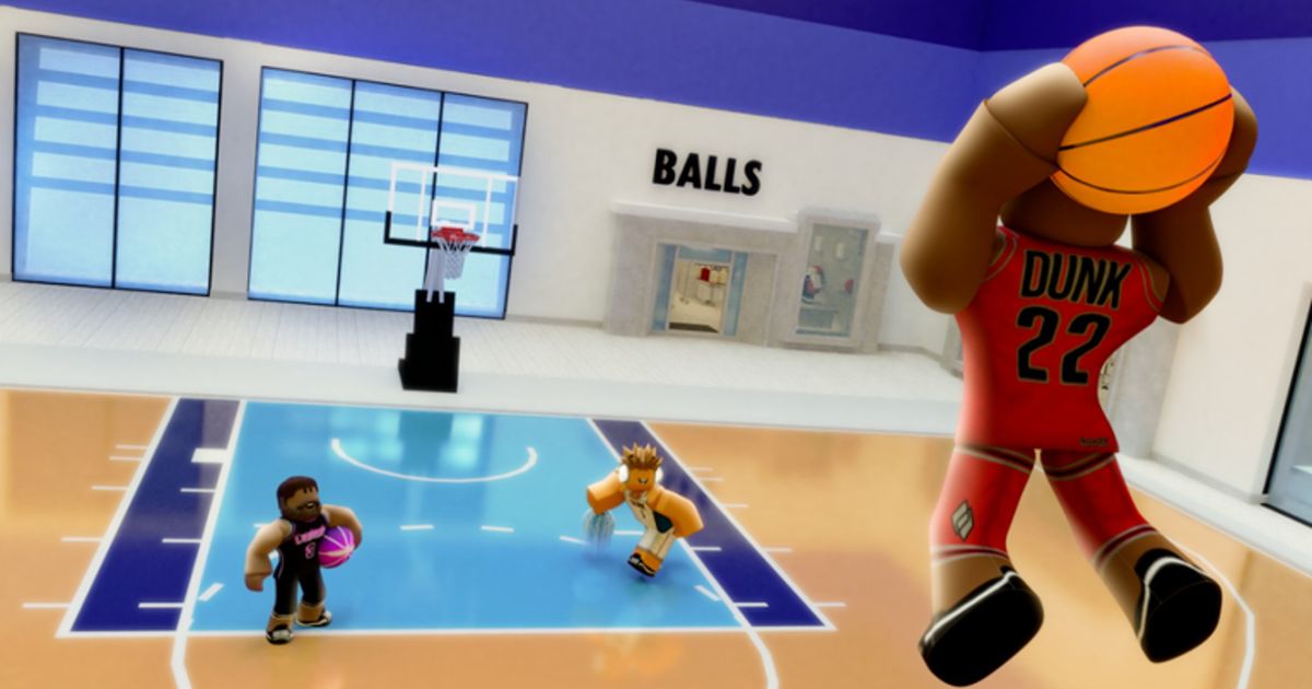 Image from Dunking Simulator showing a Roblox character performing a basketball slam dunk