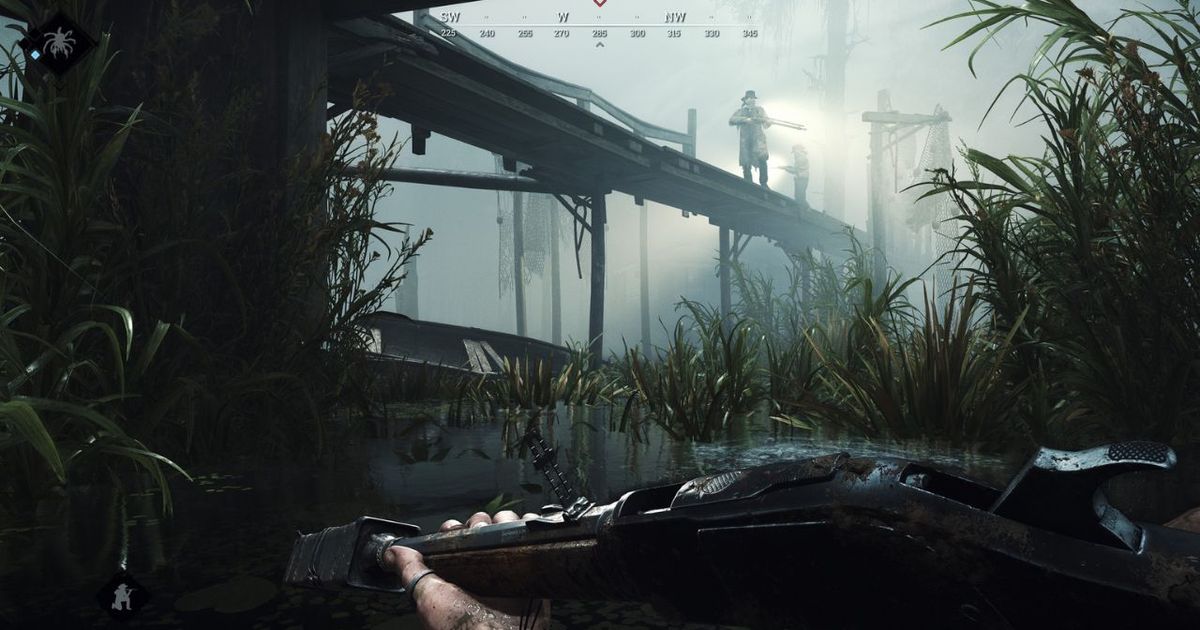 The player stood under a dark bridge in Hunt Showdown.