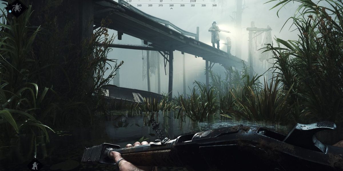 The player stood under a dark bridge in Hunt Showdown.