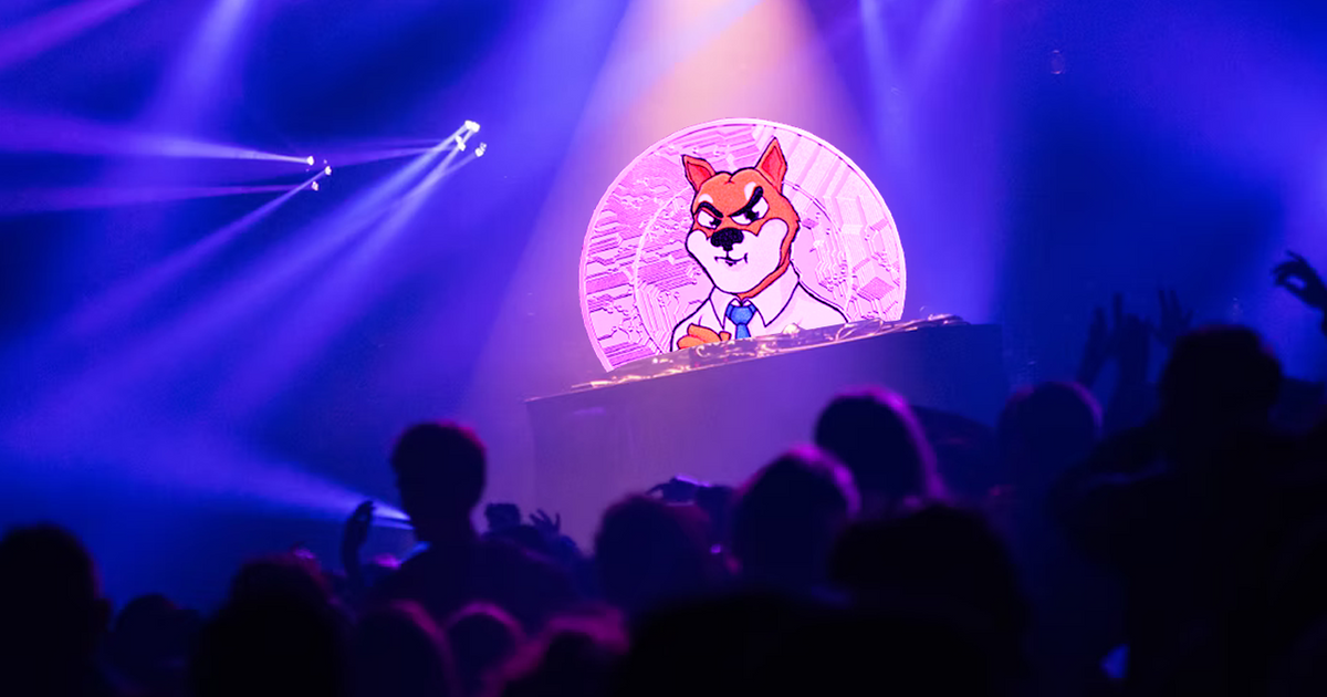 Nightclub with blue lights, with an audience looking at a Shiba Inu Coin behind a DJ set.