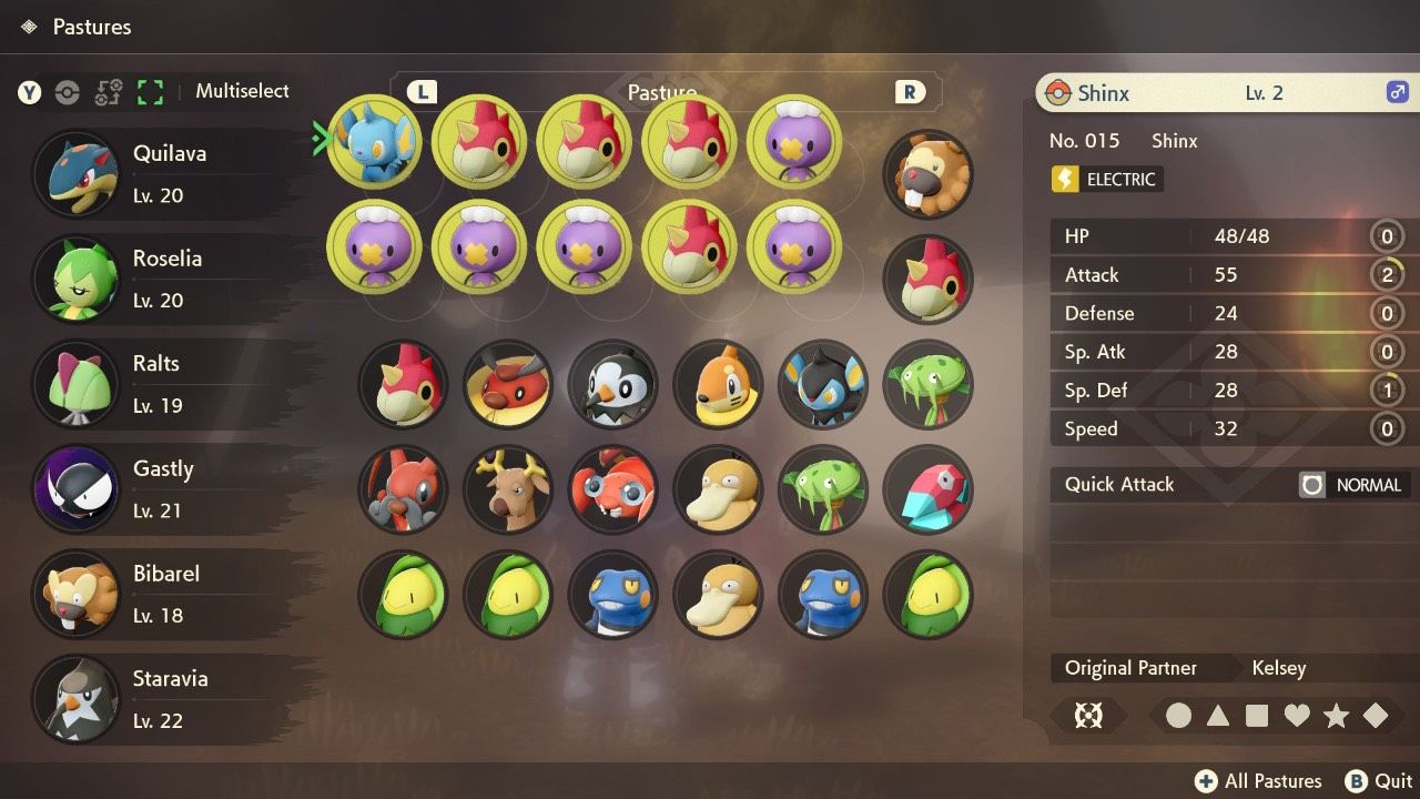 A player selecting multiple Pokémon at a time from their Pastures for mass release in Pokémon Legends: Arceus.