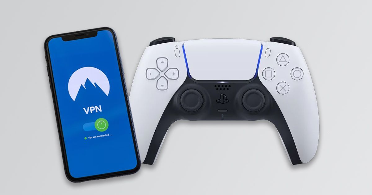 A phone with NordVPN loaded up next to a white and black PS5 controller.