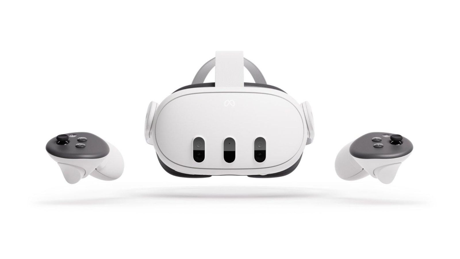 Meta Quest 3 product image of a white VR headset with two white and black controllers either side.
