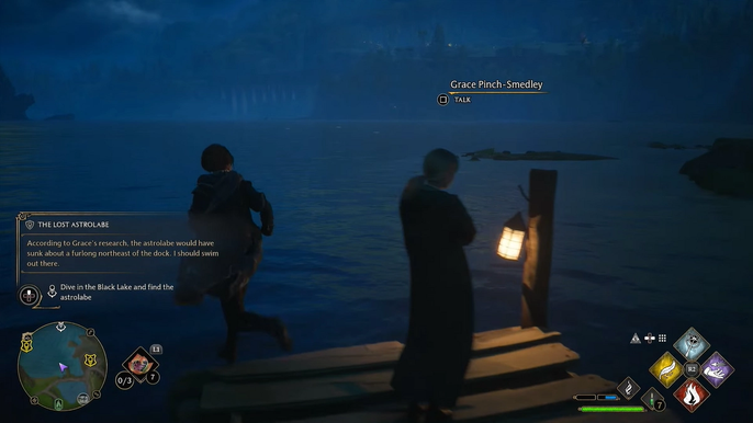A screenshot of a player about to dive in a lake in Hogwarts Legacy.