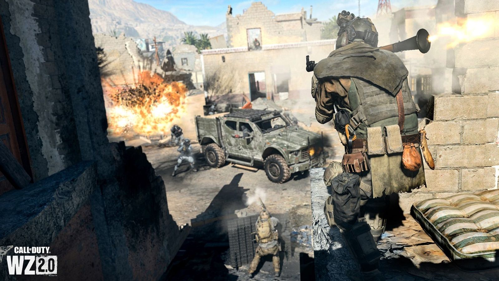 Screenshot of Warzone 2 player firing rocket launcher at a nearby vehicle