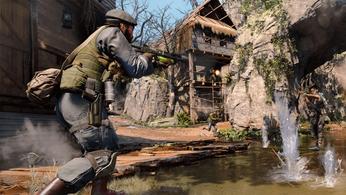 Call of Duty character engaged in a gunfight in a swampy environment