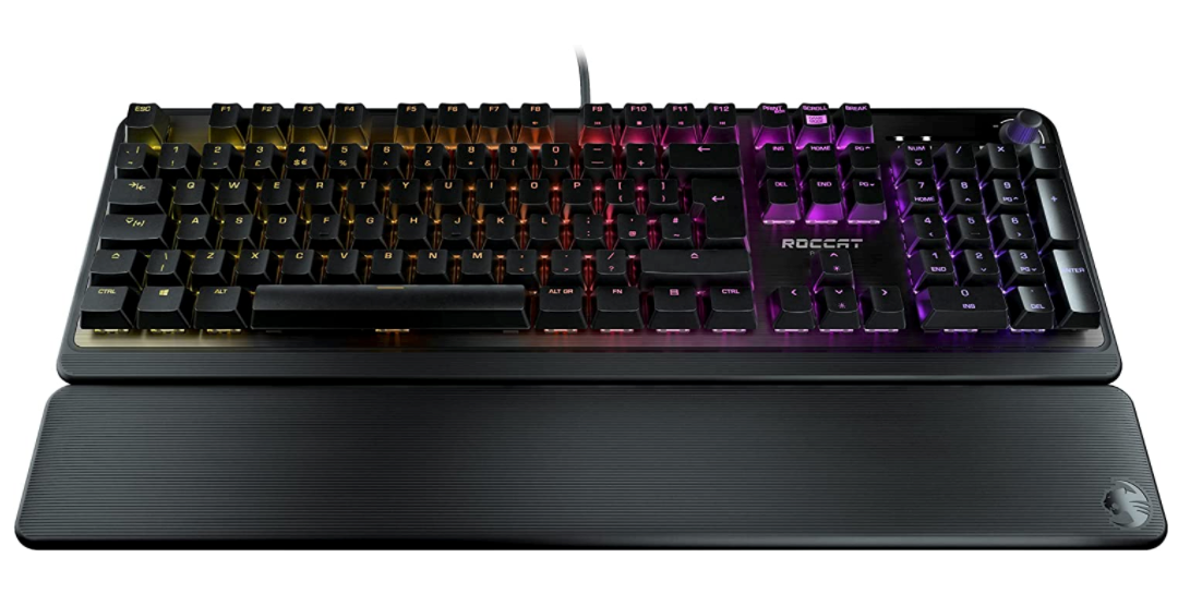 Roccat Pyro product image of a grey and black keyboard with illuminated keys.