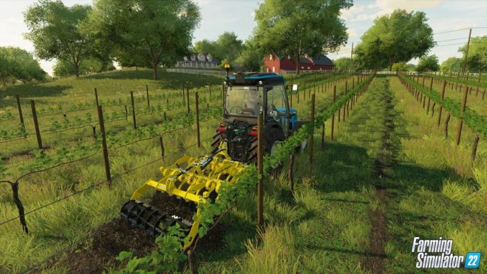 A tractor ploughing a field in Farming Simulator 22.