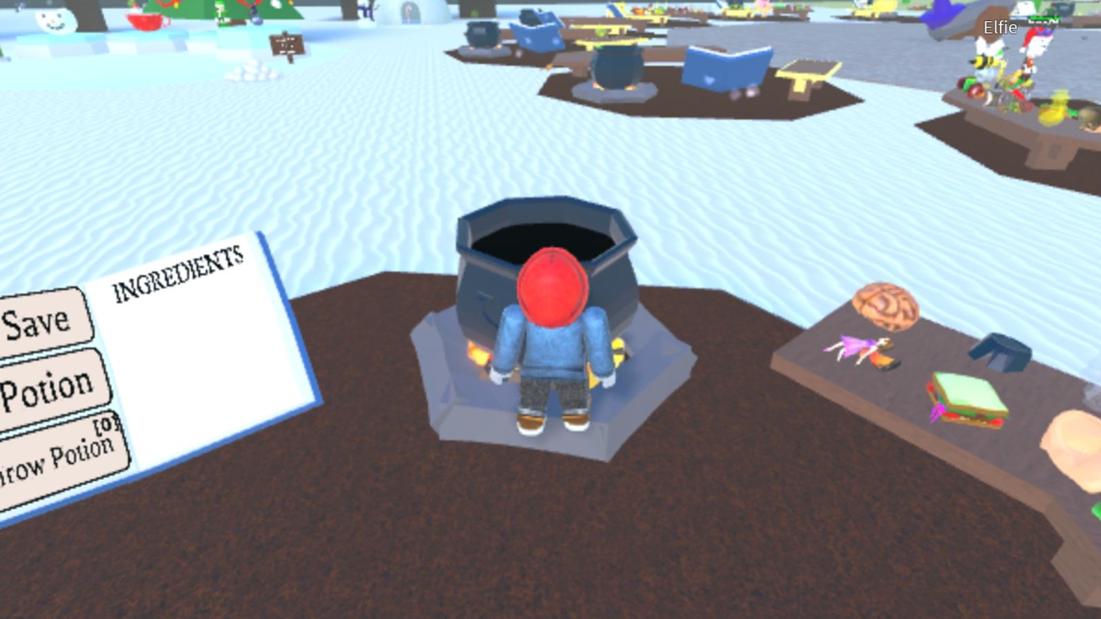 Screenshot from Wacky Wizards, showing a Roblox player hovering over a cauldron