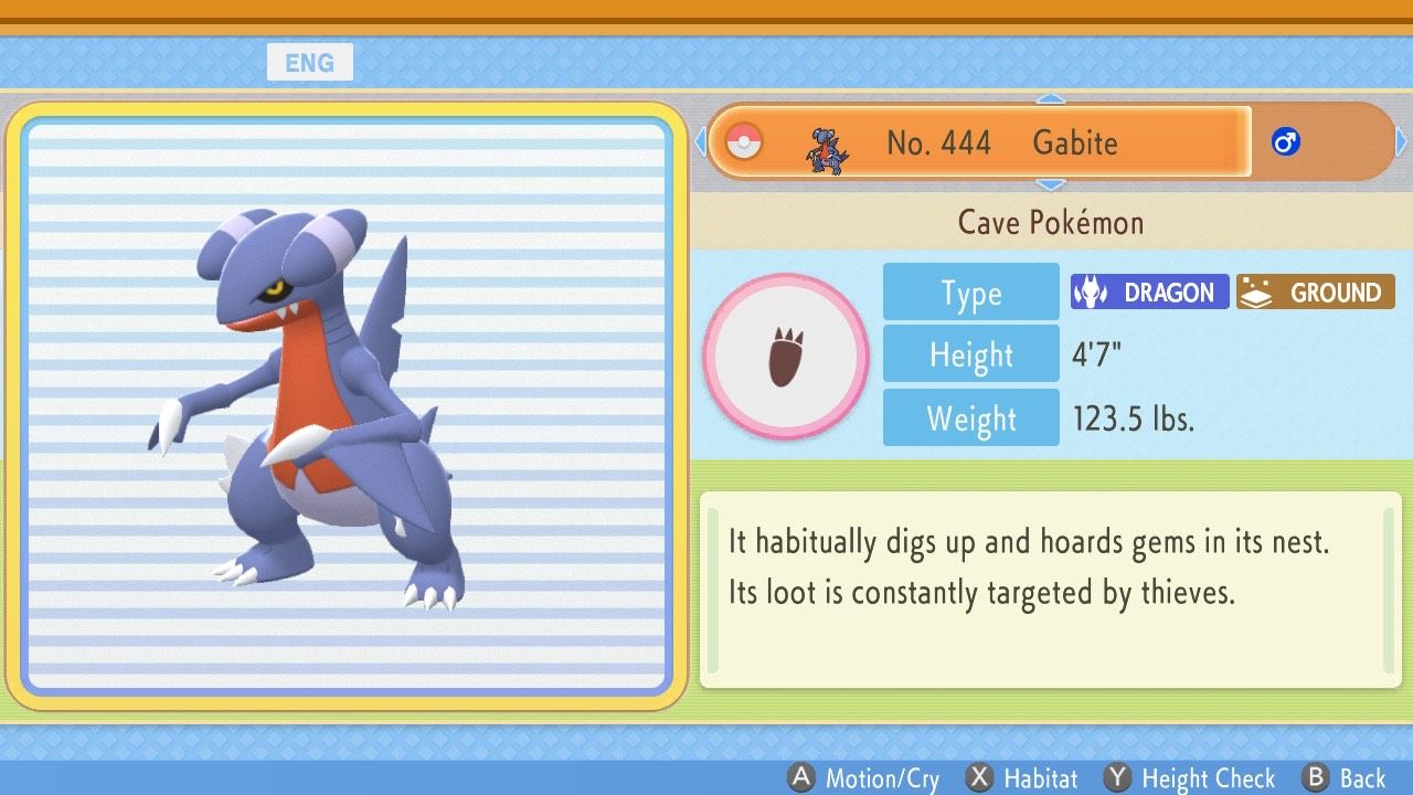 Gabite's entry in the Pokédex in Pokémon Brilliant Diamond and Shining Pearl.