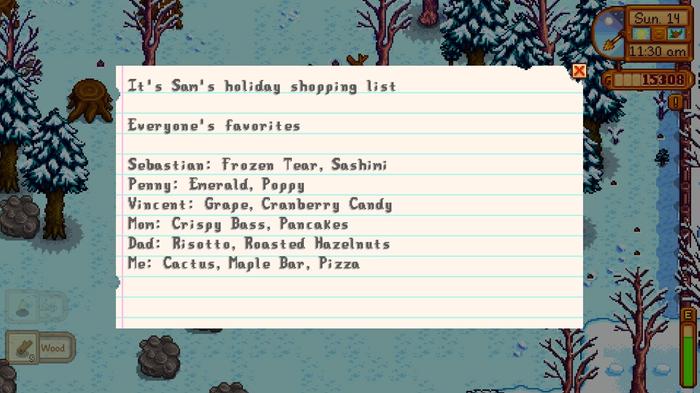 Stardew Valley. Sam's Holiday Shopping List. The image shows a list that Sam has written about gifts for Sebastian, Penny, Vincent, his Mom, his Dad and himself.