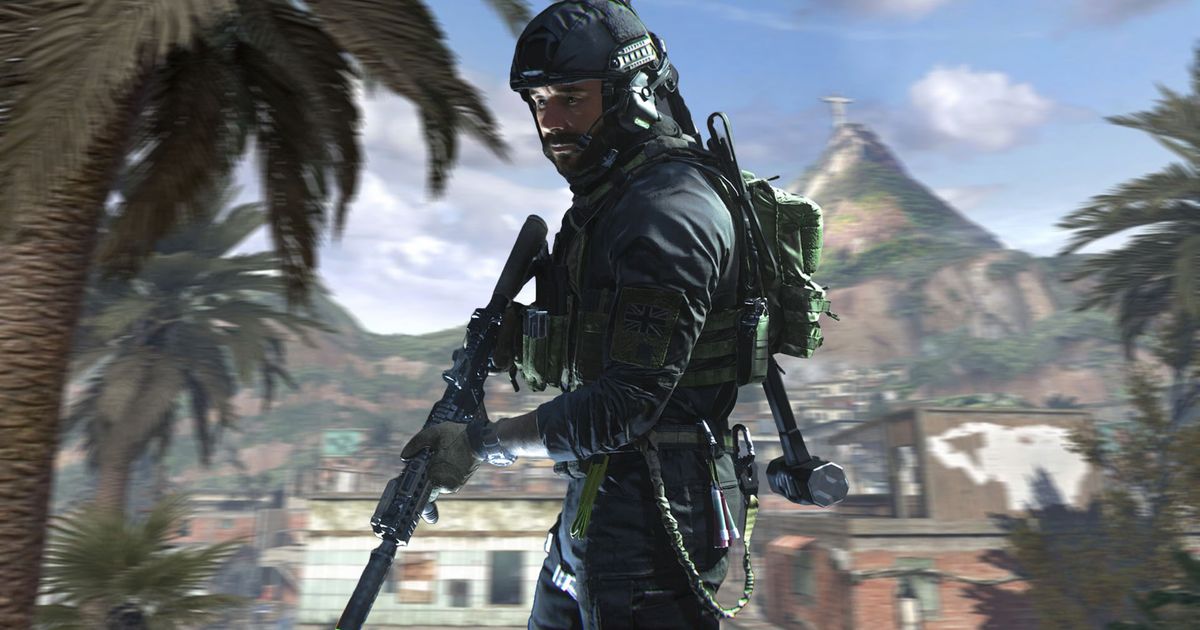 Modern Warfare 3 Captain Price holding assault rifle and wearing night-vision goggles with Favela map in background