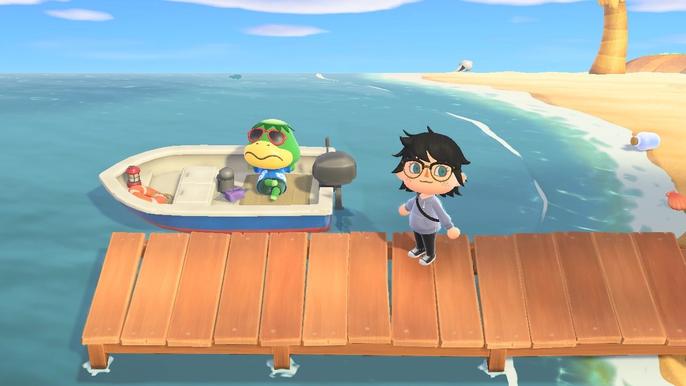 A player standing with Kapp'n at the pier on their island in Animal Crossing: New Horizons.
