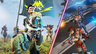 Screenshot showing Apex Legends players holding flag and Apex Legends players firing weapons while standing in a line