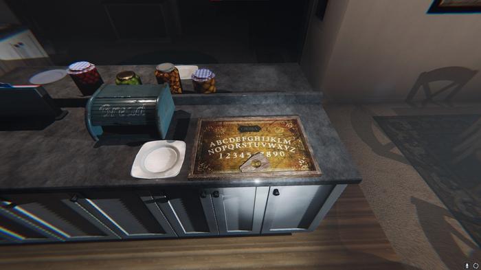 The Ouija Board in Phasmophobia on a kitchen side. Using it will deplete the team of their Sanity.