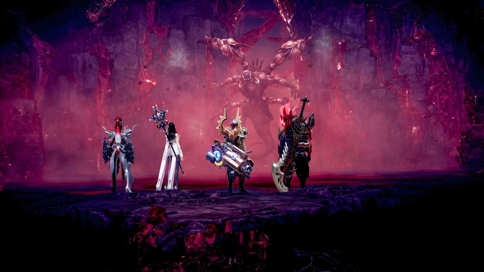 Four players facing a multi-armed boss in Lost Ark.