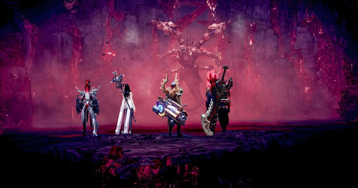 Four players of different classes face a boss inside of a dungeon in Lost Ark.