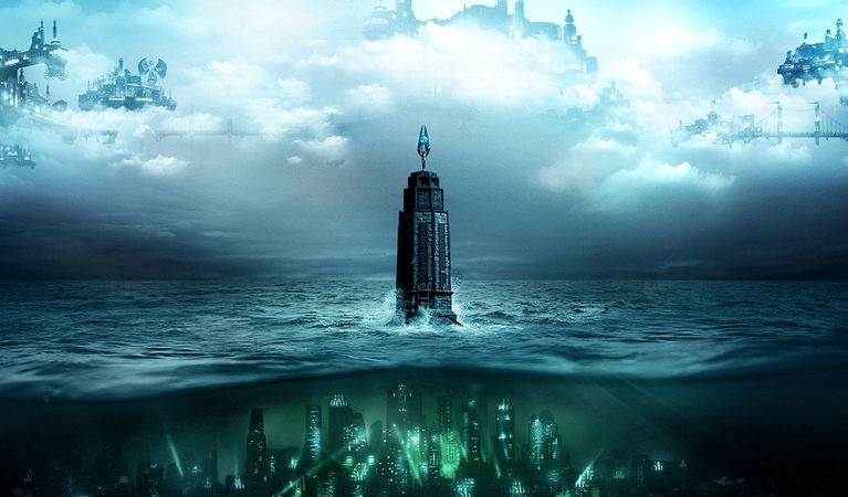 A promotional image for the BioShock collection. A light house in the ocean and the city of Rapture can be seen underneath the water. 