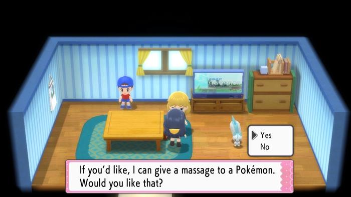 A Pokémon Trainer talking with the Pokémon Massage Woman of Veilstone city about getting their Pokémon massaged in Pokémon Brilliant Diamond and Shining Pearl.