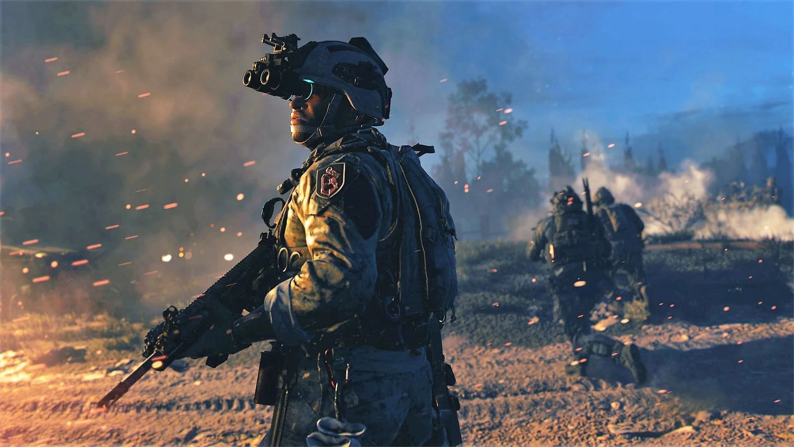 Call of Duty player holding assault rifle with smoke and fire in background