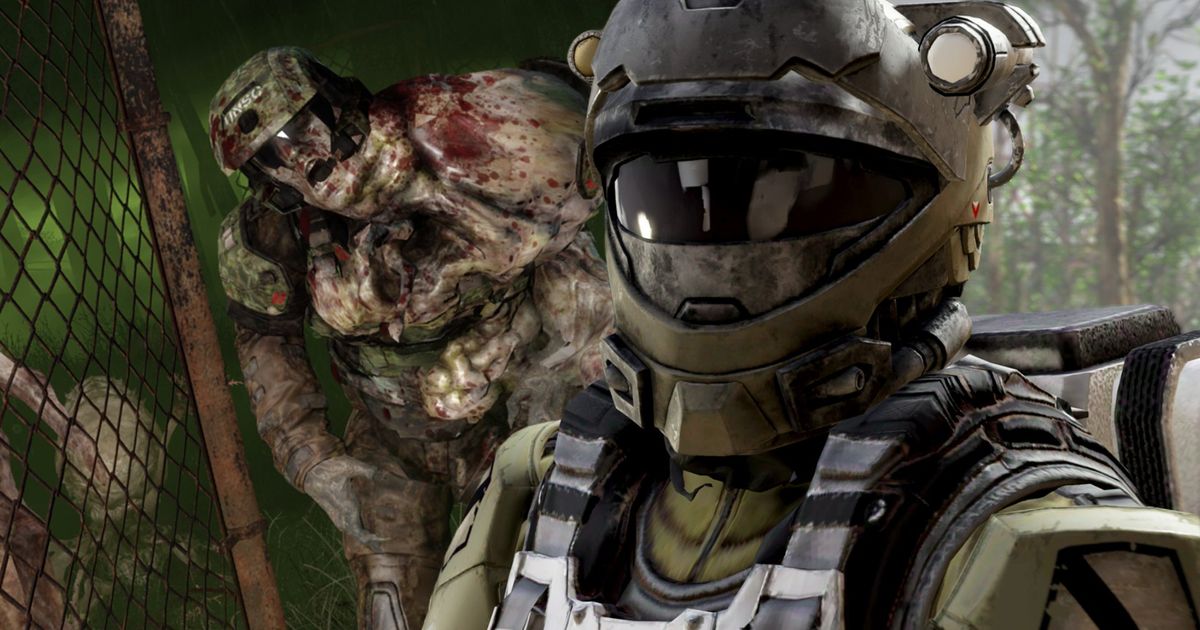 A Halo ODST in Fallout 4 next to a Flood Infection Form shambling through the wasteland
