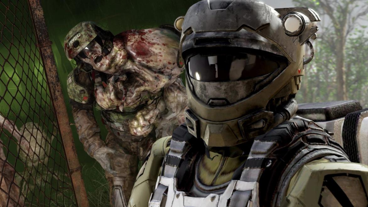 A Halo ODST in Fallout 4 next to a Flood Infection Form shambling through the wasteland