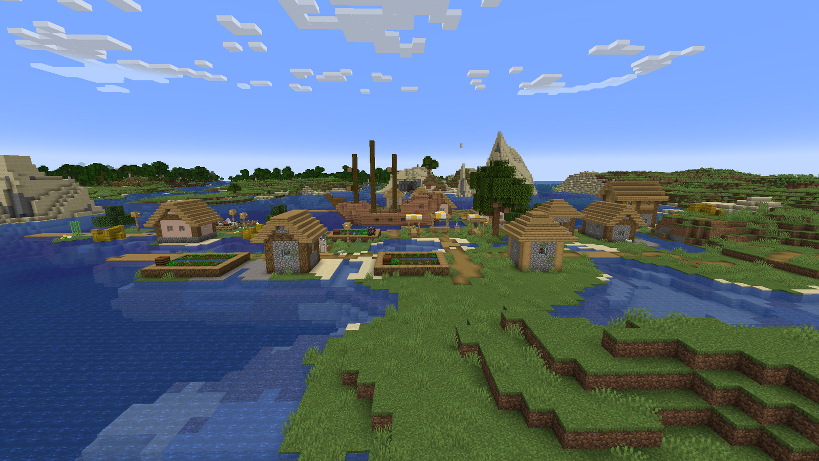 A Minecraft village beside the ocean, with a pirate ship in the docks.
