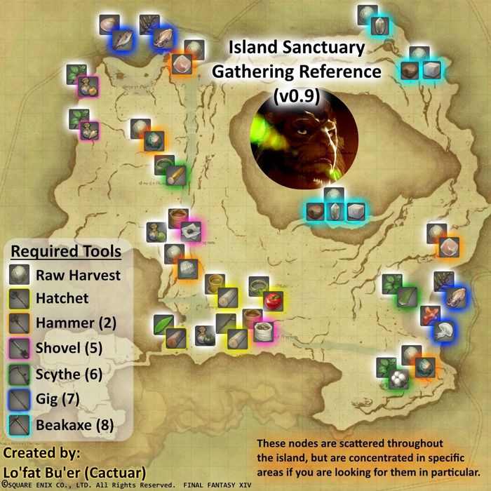A fan-made FFXIV island sanctuary gathering node map.