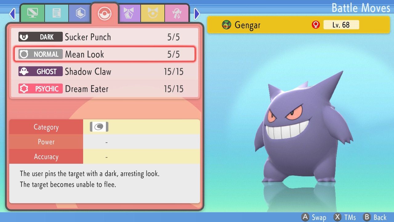 A summary of Gengar's moves is shown in the National Pokédex;  they have Sucker Punch, Mean Look, Shadow Claw, and Dream Eater in Pokémon Brilliant Diamond and Shining Pearl.