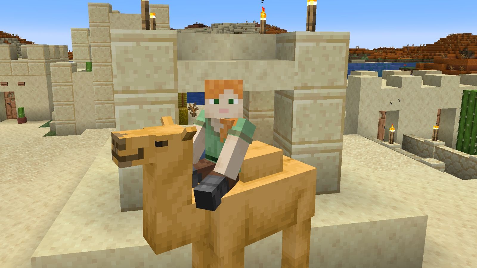 Alex character riding a camel in desert village