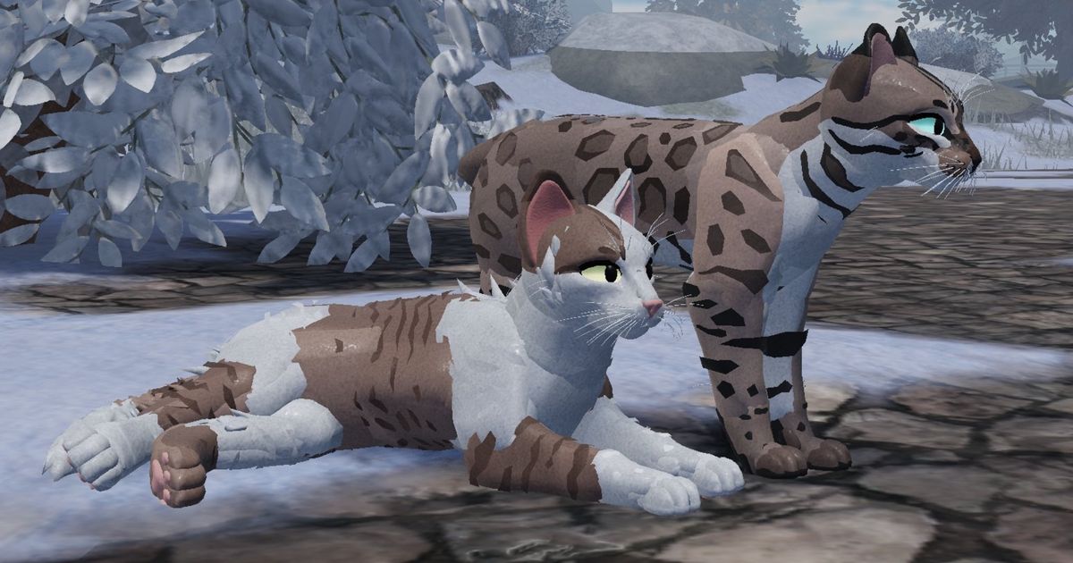 Screenshot from Warrior Cats: Ultimate Edition, showing two cats looking across a snowy landscape