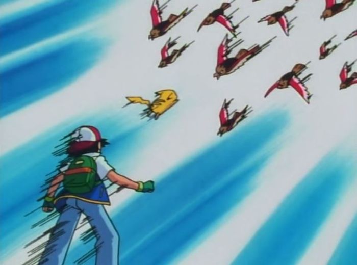 Ash and Pikachu against a swarm of angry Spearows