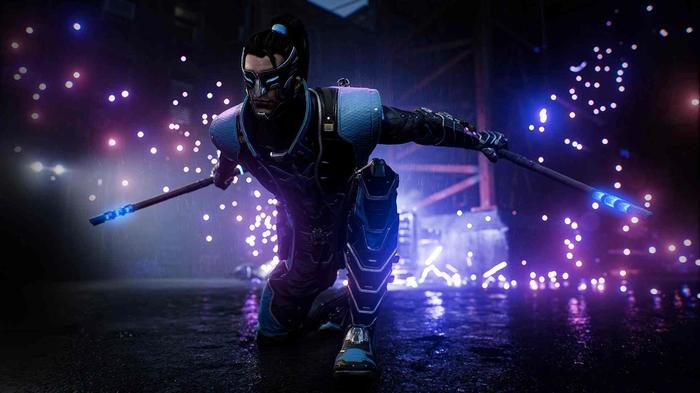 Image of Nightwing performing a special move in Gotham Knights.