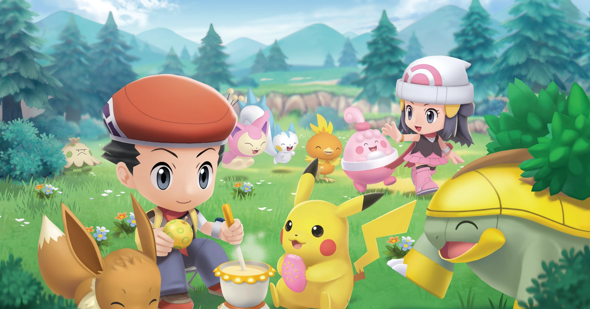 Pokémon Trainers are in Amity Square gardens of Pokémon Brilliant Diamond and Shining Pearl, featuring Eevee, a Pokémon in the National Pokédex.