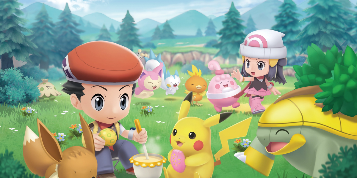 Pokémon Trainers are in Amity Square gardens of Pokémon Brilliant Diamond and Shining Pearl, featuring Eevee, a Pokémon in the National Pokédex.