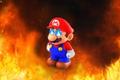 Mario with flaming blue eyes in an area full of flames